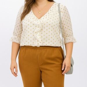 Haver Blair London Womens L Ivory Gold Polka Dot Ruffle V Neck 3/4 Sleeve Blouse